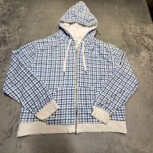 Champion Hoodie Womens XL White Blue Zip Up Grid Print Hooded Sweatshirt